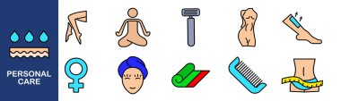 Kişisel bakım seti simgesi. Duş, yoga, jilet, vücut, ağda, kadın, saç bandı, havlu, tarak, bel, sağlık, hijyen.