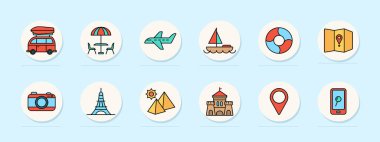 Tatil seti simgesi. Kamp minibüsü, sahil şemsiyesi, uçak, yelkenli, can simidi, harita, kamera, Eyfel Kulesi, piramitler, kumdan kale, konum broşu, akıllı telefon, tatil, seyahat, turizm.