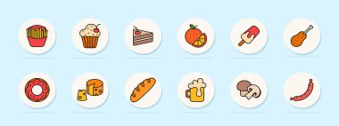 Yemek takımı ikonu. Patates, kek, kek, portakal, buzlu dondurma, tavuk budu, çörek, peynir, ekmek, bira, mantar, sosis, atıştırmalık, tatlı, mutfak, yemek, lezzet, ikram.