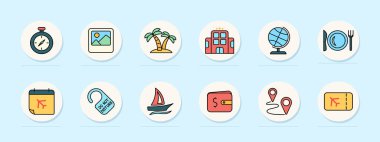 Seyahat simgesi. Pusula, fotoğraf, plaj, otel, dünya, yemek, uçuş kartı, rahatsız etmeyin tabela, yelkenli, cüzdan, rota, bilet, tatil, turizm, seyahat, macera, yolculuk.