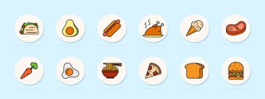 Yemek takımı ikonu. Taco, avokado, hot dog, kızarmış tavuk, dondurma, biftek, havuç, kızarmış yumurta, ramen, pizza, ekmek, burger, mutfak, yemek, çerez, lezzet, lezzet, yemek, beslenme.