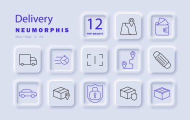 Teslimat simgesi. Kamyon, kronometre, harita, cüzdan, rota, araba, paket, güvenlik, kalkan, kutu, nakliye, dağıtım, lojistik, ulaşım, paket, servis, kurye, izleme.