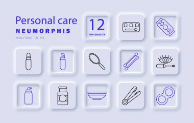 Kişisel bakım seti simgesi. Parfüm şişesi, jilet, makyaj paleti, pamuk çubukları, rimel, yüz serumu, büyüteç, losyon, vitamin, düzleştirici, kontak lens, güzellik, güzellik, kozmetik..