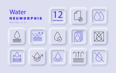 Su seti simgesi. Su damlası, emilim, su geçirmezlik, su direnci, sıvı, nem, damlacıklar, buharlaşma, yoğunlaşma, filtreleme, arıtma, hidrasyon, su..