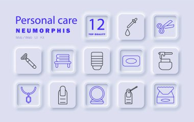Kişisel bakım seti simgesi. Razor, havlular, sabun, kozmetik, düşürücü, makas, tırnak cilası, krem kavanozu, manikür, hijyen, cilt bakımı, sağlık, sağlık, güzellik, kişisel hijyen, banyo, banyo.