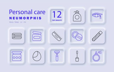 Kişisel bakım seti simgesi. Tarak, jilet, losyon, göz bakımı, makyaj malzemeleri, güzellik malzemeleri, tımar, hijyen, kozmetik aletler, cilt bakımı, tırnak bakımı, parfüm, tuvalet malzemeleri, güzellik rutini, tımar, kişisel bakım.