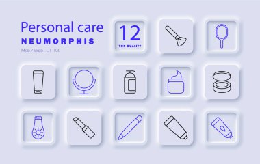 Kişisel bakım seti simgesi. Losyon, ayna, jilet, el aynası, yüz kremi, pudra, cilt kremi, güneş kremi, ruj, göz kalemi, krem tüpü, makyaj, bakım malzemeleri, hijyen ürünleri, kişisel bakım.