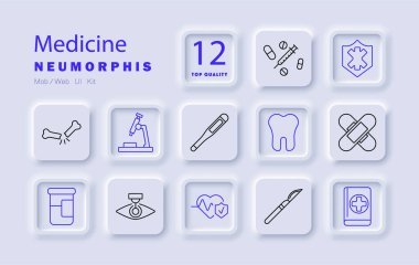 Tıp seti simgesi. Kırık kemik, mikroskop, termometre, diş, hap, şırınga, göz testi, kalp atışı, neşter, reçete, tıbbi araştırma, teşhis, tedavi