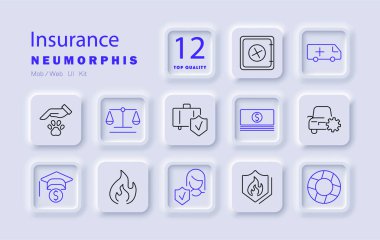 Sigorta seti simgesi. Hayvan sigortası, seyahat, yaşam, kaza sigortası, emlak sigortası, mali güvenlik, sigorta poliçesi, hak koruması, risk yönetimi.