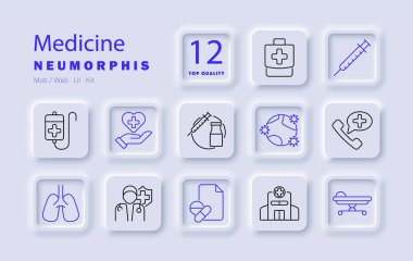 Tıp seti simgesi. İlk yardım kiti, şırınga, akciğer, doktor, ilaç, hastane, steteskop, telefon danışmanlığı, serum, kalp bakımı, aşı, eczane, tıbbi