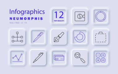 Bilgi grafikleri simge ayarladı. Cüzdan, kalem, dolmakalem, pasta grafiği, evrak çantası, ağ, veri, grafik, finans, yazma araçları, ofis malzemeleri, sunum, analiz, bilgi, istatistik, görsel veri.