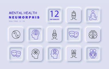 Ruh sağlığı seti ikonu. Meditasyon, beyin, duygular, terapi, zihin, denge, psikoloji, sağlık, endişe, stres, danışmanlık, zihinsel hastalık, kendine bakım, sağlık.