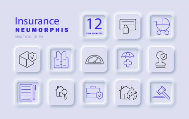 Sigorta seti simgesi. Belge, güvenlik, bebek arabası, ev, sözleşme, can yeleği, sağlık, mülk, yangın, büyüteç, dava, koruma.