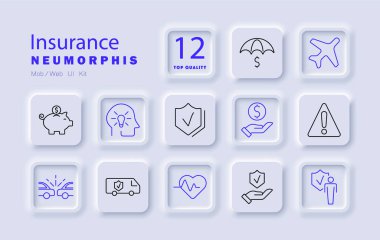 Sigorta seti simgesi. Domuz kumbarası, fikir, koruma, finansal destek, alarm, sağlık, ambulans, kalp, kaza, seyahat, para, bakım.