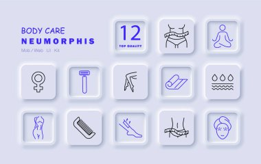 Vücut bakımı ikonu. Razor, mezura, tarak, tıraş, havlu, su, yoga, fitness, kadın, cilt, güzellik, bacak.