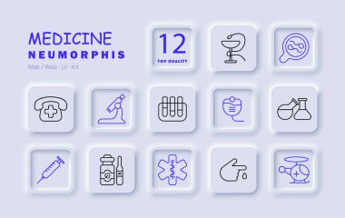 Tıp seti simgesi. Kalp, glikoz, reçete, şişe, ilk yardım, haplar, test tüpleri, x-ray, sertifika, monitör, enjeksiyon, sağlık, tedavi, teşhis.