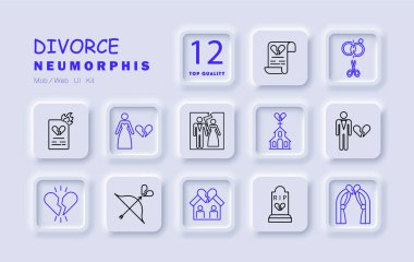 Divorce set icon. Rings, scissors, bride, broken heart, house, church, couple, photo, documents, grave, arrow, fire, split, legal separation, marriage dissolution, heartbreak, conflict, family, loss. clipart