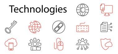 Teknolojiler ikon oluşturdu. Siber güvenlik, bulut hesaplama, donanım, internet, kodlama, veri depolama, çevrimiçi güvenlik, yazılım, IT, ağ, dijital, teknoloji, şifreleme.