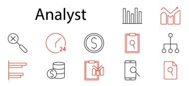 Analist simgeyi ayarladı. Büyüteç, saat, saat, para, grafik, rapor, veritabanı, grafik, istatistik, analiz, finans, araştırma, veri, iş, ölçüm, ekonomi, çalışma, değerlendirme.