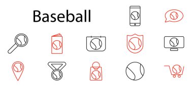 Beyzbol seti ikonu. Top, büyüteç, harita, telefon, kalkan, skor kartı, konuşma balonu, alışveriş arabası, rozet, medya, spor, oyun, takım, ekipman, ikon, vektör, illüstrasyon.