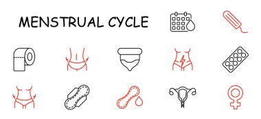 Adet döngüsü simgesi. Takvim, tampon, ped, uterus, ağrı, karın ağrısı, tuvalet kağıdı, ilaç, hijyen, periyot, kadın, sağlık, döngü, jinekoloji, yumurtlama, adet görme, kramplar, kadınsı.