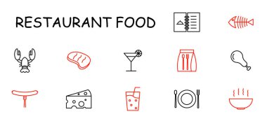 Restoran yemekleri ikonu. Istakoz, biftek, kokteyl, menü, balık, sosis, peynir, içecek, tabak, çorba, çatal bıçak, yemek, yemek, içecek, deniz ürünleri, et, gurme, yemek.