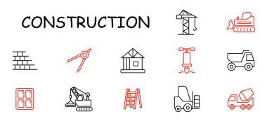 Yapılandırma simgesi. Turna, kamyon, ev, pusula, buldozer, kaya matkabı, damperli kamyon, merdiven, forklift, tuğla, mikser, site ekipmanı..