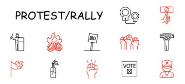 Protesto mitingleri simgesi oluşturuldu. Hoparlör, yangın, HAYIR işareti, eller, protestocu, molotof kokteyli, yumruk, oy, polis, gösteri, grev.