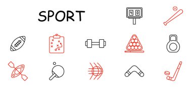 Spor seti simgesi. Futbol, oyun kitabı, halter, skorbord, beyzbol sopası, bilardo, kettlebell, kano, ping pong, voleybol, bumerang, hokey.