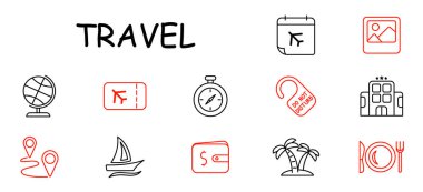 Seyahat simgesi. Küre, bilet, pusula, rahatsız etmeyin tabela, otel, rota, yelkenli, cüzdan, ada, yemek.