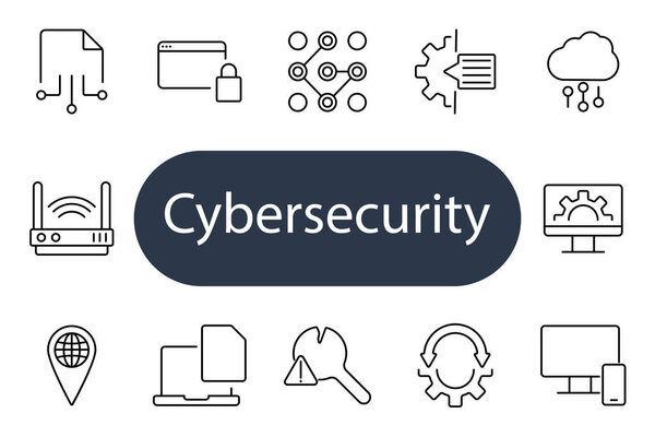 Cybersecurity set icon. Router, computer, lock, cloud, data, shield, security, network, system, hack, malware, encryption, firewall, monitor, protection, alert, privacy, online, internet, defense.