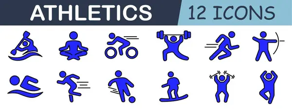Atletizm ikonu. Kano, yoga, bisiklet, halter, halter, koşu, okçuluk, yüzme, futbol, snowboard, aerobik, egzersiz, monokrom.