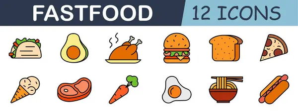 stock vector Fast food set icon. Taco, avocado, roast chicken, burger, bread, pizza, ice cream, steak, carrot, fried egg, noodles, hot dog.