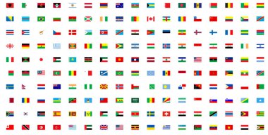 Tüm dünya bayrakları - dikdörtgen simgelerin vektör kümesi. Tüm ülkelerin ve kıtaların bayrakları