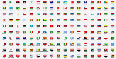 Tüm dünya bayrakları dikdörtgen simgelerin imza vektör kümeleriyle. Tüm ülkelerin ve kıtaların bayrakları. Uluslararası bayraklar, ülke amblemleri, küresel kimlik, ulusal bayraklar, coğrafi semboller