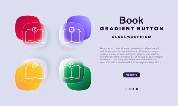 stock vector Book icon set. Starred book, bookmark, lightning book, and book with flame icons. Glassmorphism design with gradient buttons for UI UX, mobile, and web applications