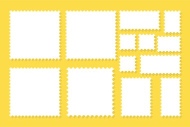 Sarı arkaplanda farklı şekillerde fotoğraflar için oyulmuş kenarları olan kağıt çerçeveler. Şablon, içeriğini yerleştir. Fotoğraf, hatıralar, yaratıcılık, hediye, kart, dekorasyon, reklam için. Vektör