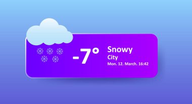 Snowy minus 7 Degrees Celsius weather forecast, date, city location. Snowflake, overcast, winter, wind speed, thundercloud, air, precipitation, temperature, atmospheric pressure, Fahrenheit, ice clipart