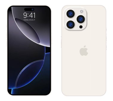 İphone 16 profesyonel maksimum model. Telefonun arka ve ön tarafında. Koyu beyaz renkli maket ekran iPhone. Yüksek kalite. Resmi sunum. Yazı.