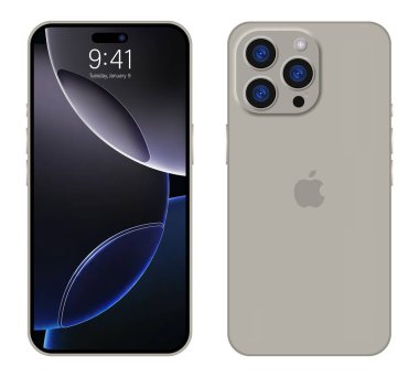 İphone 16 profesyonel maksimum model. Telefonun arka ve ön tarafında. Derin Çöl Titanyum rengi. Model ekran iPhone. Yüksek kalite. Resmi sunum. Yazı.