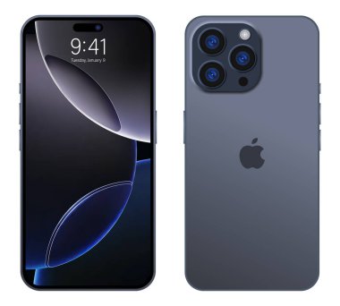 İphone 16 profesyonel maksimum model. Telefonun arka ve ön tarafında. Koyu gri gri renkli, sahte ekran iPhone. Yüksek kalite. Resmi sunum. Yazı.