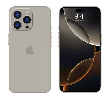 İphone 16 profesyonel maksimum model. Telefonun arka ve ön tarafında. Koyu beyaz renkli maket ekran iPhone. Yüksek kalite. Resmi sunum. Yazı.