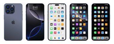 Yeni siyah, gri Iphone maksimum 16 pro. Elma inc. ios 15 ile akıllı telefon. Kilitli ekran, telefon navigasyon sayfası, 47 popüler uygulamalı ana sayfa. Yazı.