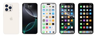 Yeni beyaz Iphone maksimum 16 pro. Elma inc. ios 15 ile akıllı telefon. Kilitli ekran, telefon navigasyon sayfası, 47 popüler uygulamalı ana sayfa. Yazı.