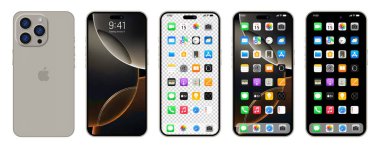 Yeni gri Iphone maksimum 16 pro. Elma inc. ios 15 ile akıllı telefon. Kilitli ekran, telefon navigasyon sayfası, 47 popüler uygulamalı ana sayfa. Yazı.