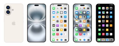 Yeni beyaz Iphone 16 SE, artı. Elma inc. ios 15 ile akıllı telefon. Kilitli ekran, telefon navigasyon sayfası, 47 popüler uygulamalı ana sayfa. Yazı.