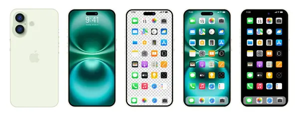 Yeni yeşil, limonlu iPhone 16 SE, artı. Elma inc. ios 15 ile akıllı telefon. Kilitli ekran, telefon navigasyon sayfası, 47 popüler uygulamalı ana sayfa. Yazı.