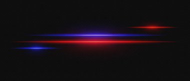 Mavi ve kırmızı neon çizgiler ya da ışık parlaması. Lazer ışınları, yatay ışınlar. Güzel ışık yansımaları. Siyah arkaplanda parlayan çizgiler.