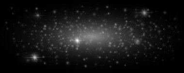 Parlak ışık efekti. Yıldız beyaz tozu, ışıltı. Parlayan yıldızlar, ışıklar, parıltılar, parıltılar. Şeffaf bir arkaplanda. Neon ışığı. Gece yıldızı