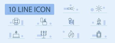 Ateş ve ışık ikonu. El feneri, güneş, kamp ateşi, mum, şamdan, meşale, lamba, alev, ışık, spot ışığı..